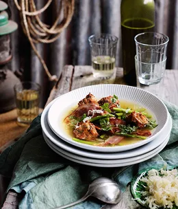Speckknöedel in smoked chicken broth