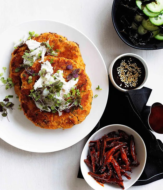 Kimchi and crab pancake with banchan