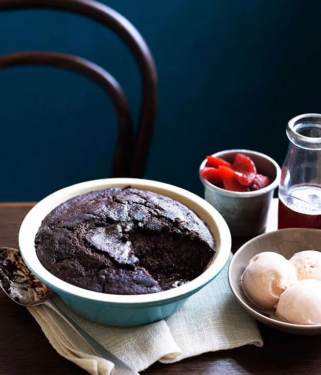 Self-saucing chocolate and sherry pudding with quince and quince and sherry ice-cream