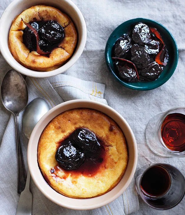 Ricotta and mascarpone puddings with spiced wine prunes