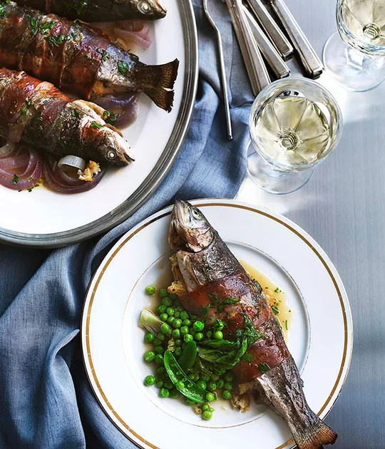 Cider-Roast Rainbow Trout with Leek and Prosciutto