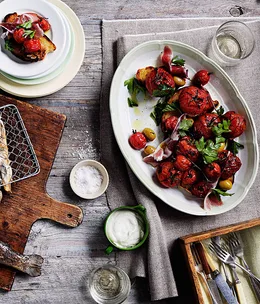 Wood-smoked tomatoes, jamón, grilled bread and olive salad