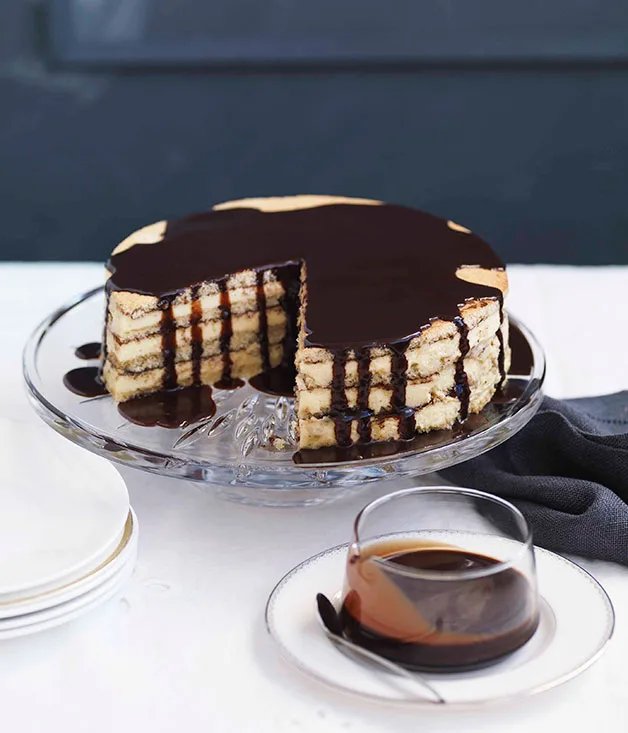 Almond and white chocolate gâteau with bitter chocolate glaze