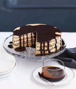 Almond and white chocolate gâteau with bitter chocolate glaze