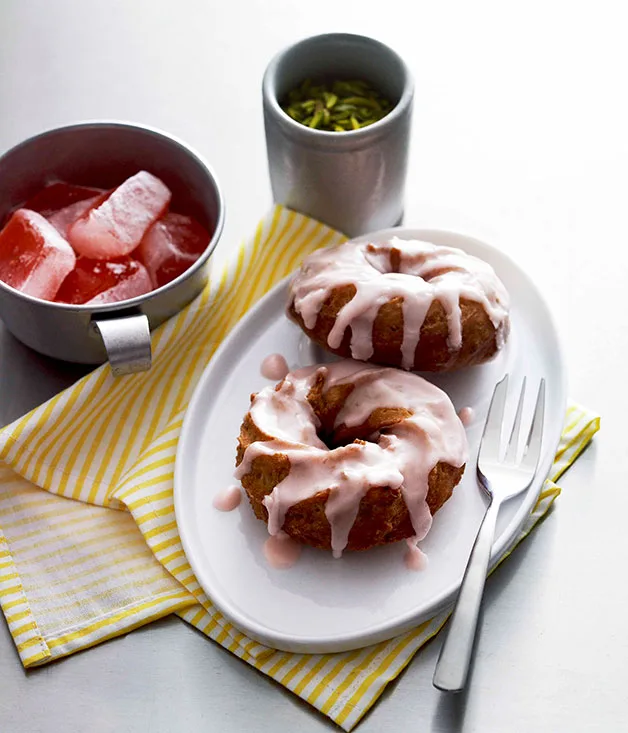 Pistachio doughnuts with rosewater glaze