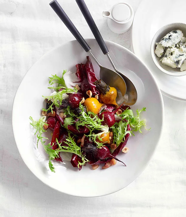 Roasted beetroot with pancetta, hazelnuts and Roquefort