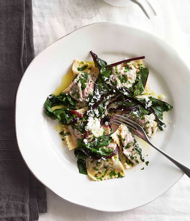 Beetroot leaf ravioli with ricotta salata and herb sauce