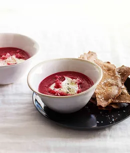 Beetroot soup with crème fraîche, horseradish and crisp rye crackers