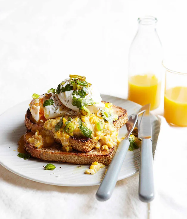 Poached eggs with creamed corn and green chilli relish