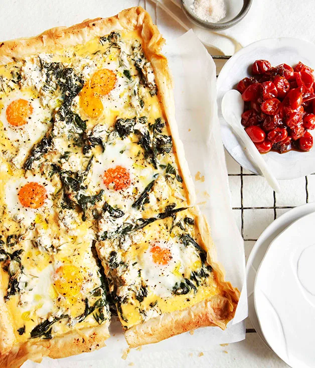 Egg, spinach, rocket and feta breakfast tart