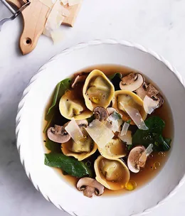 Chicken brodo with mushroom and mascarpone tortellini
