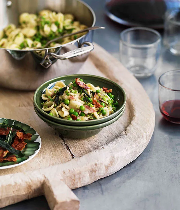 Crushed pea orecchiette with pancetta and sage