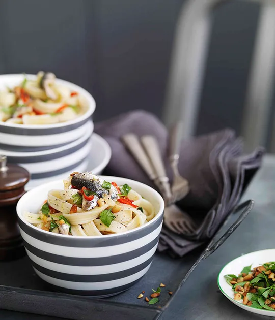 Sardine and Chilli Fettuccine with Pine Nuts