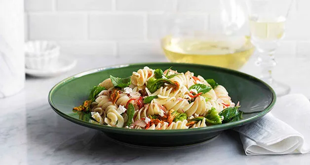Fusilli with zucchini flowers and ricotta salata
