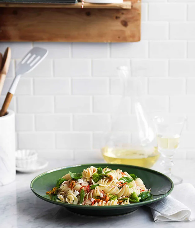 Fusilli with zucchini flowers and ricotta salata