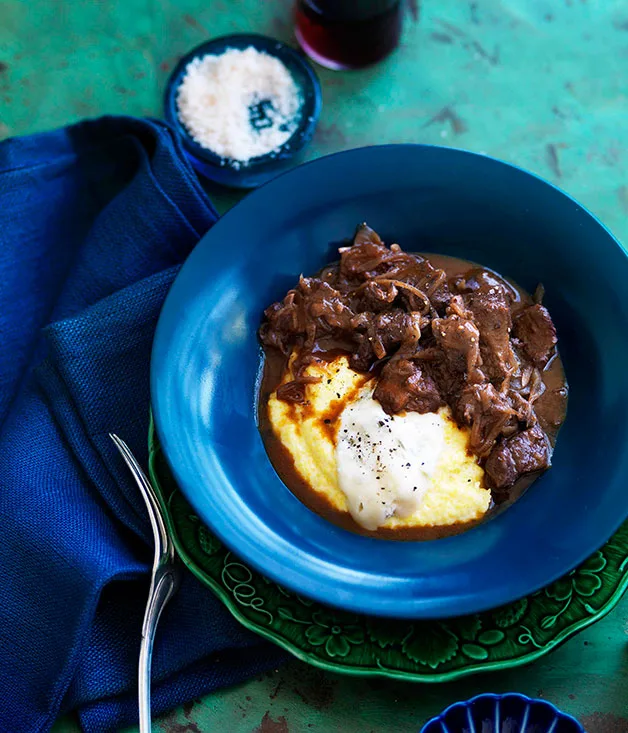 Wine-braised veal shoulder with Gorgonzola polenta