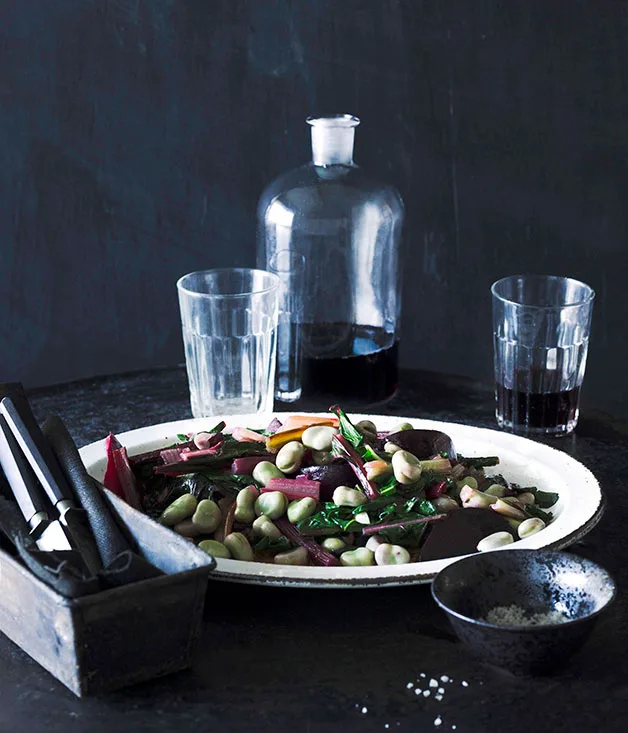 Broad beans, rainbow chard and beetroot