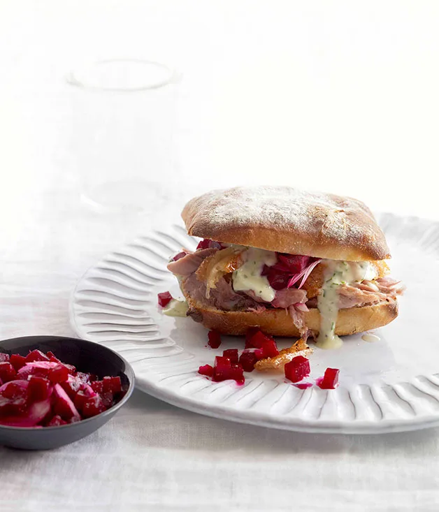 Slow-roasted pork shoulder panini with parsley mayo and pickled beetroot