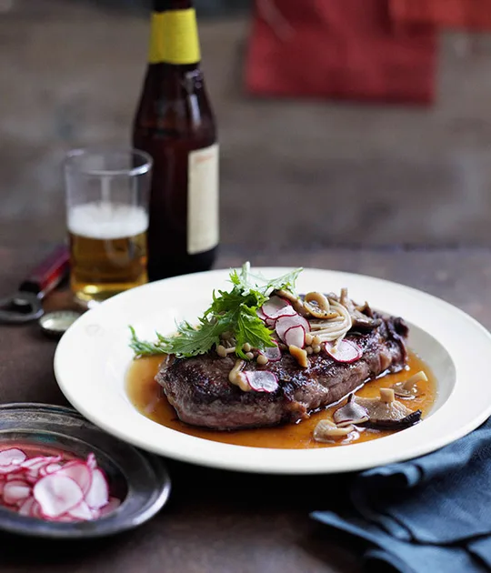 Wagyu Steaks with Soy-Braised Mushrooms Recipe