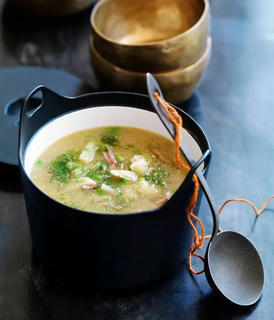 Lamb, pea and fennel soup recipe | Gourmet Traveller