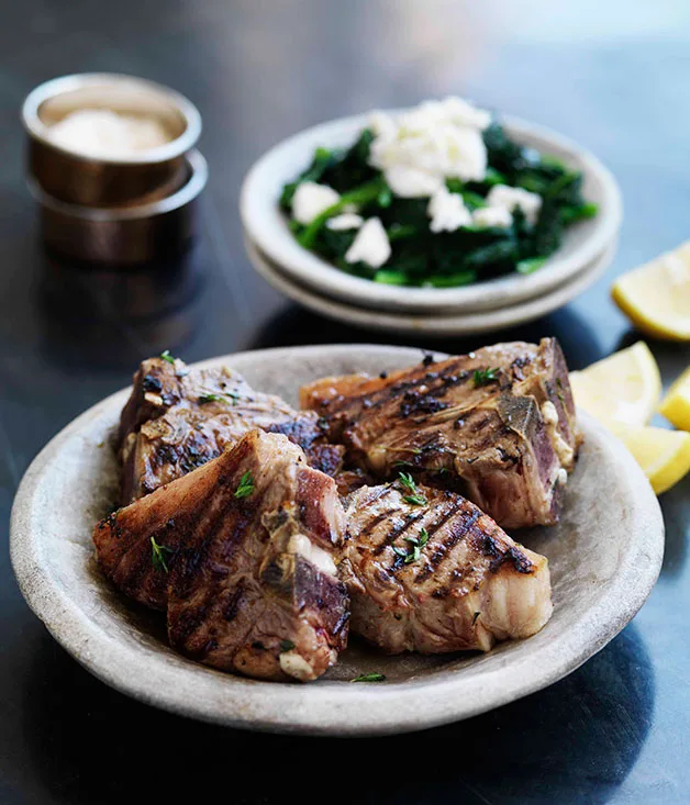 Thyme-marinated lamb chops with boiled greens