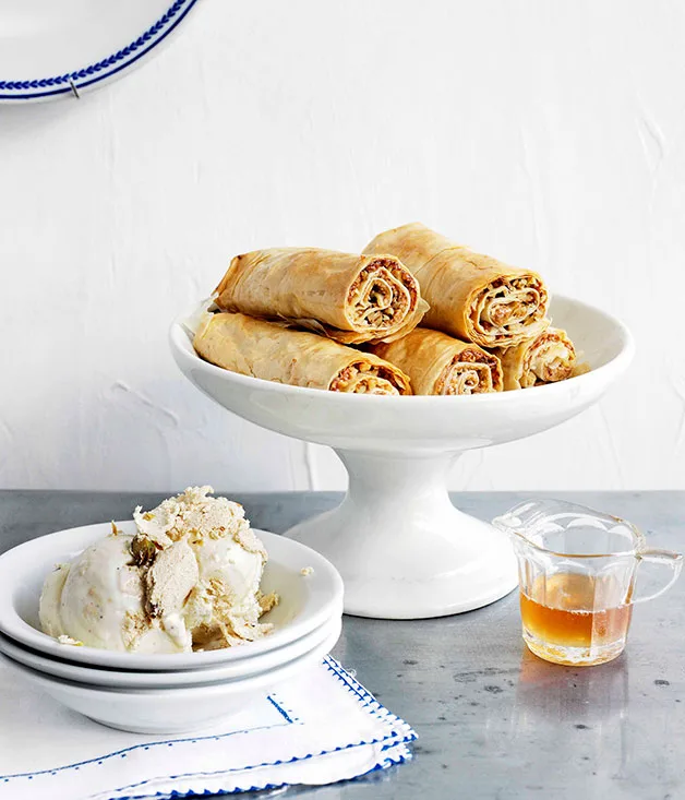 Baklava fingers with honey syrup and halva ice-cream