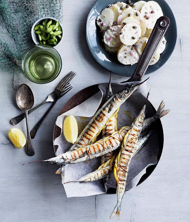 Garfish with potato and caper salad and quick pickled cucumber