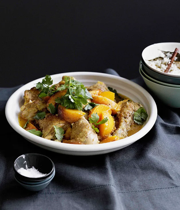 Peach chicken with saffron and lemon rice pilaf