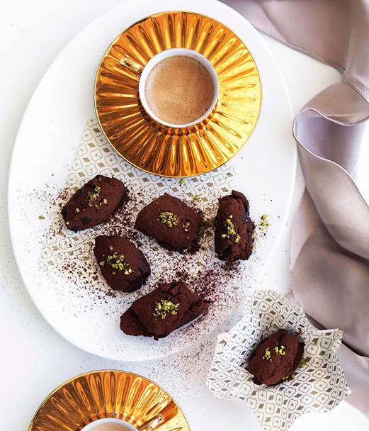 Chocolate, pistachio and orange-blossom truffles