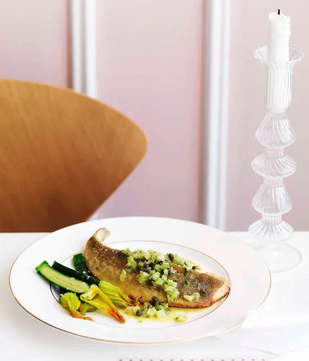 Pan-fried flathead with celery, lemon and capers