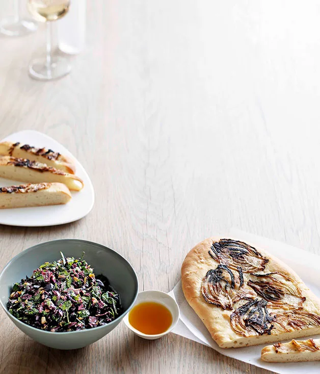 Rough olive tapenade with caramelised fennel schiacciata