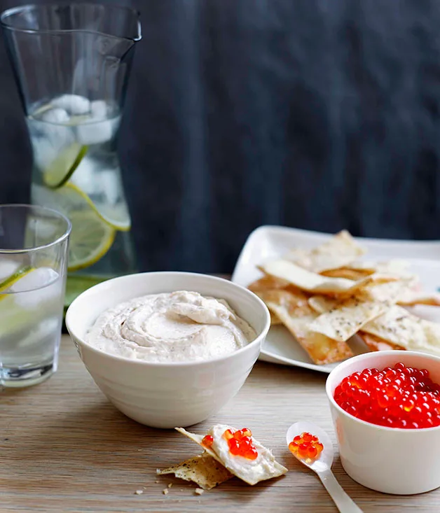 Real-deal taramasalata with salmon roe and black pepper water crackers