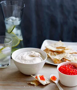 Real-deal taramasalata with salmon roe and black pepper water crackers