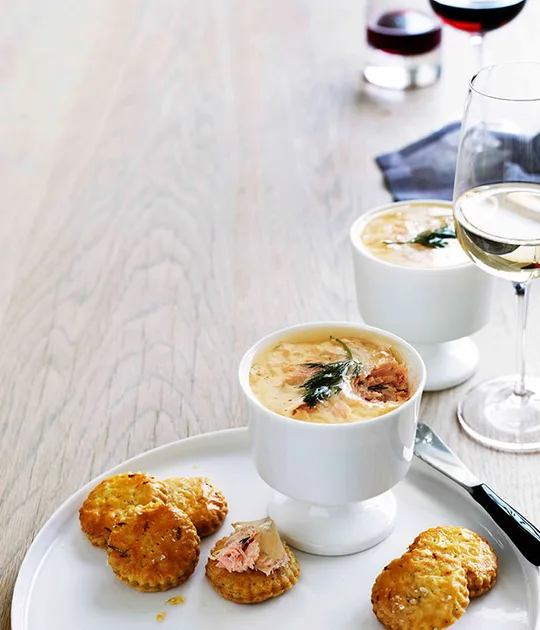 Smoked trout mousse, riesling jelly and sour cream sablé biscuits | Gourmet Traveller