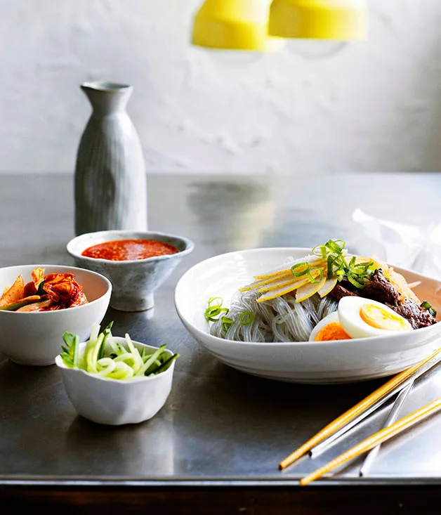 Korean buckwheat noodles with beef and nashi