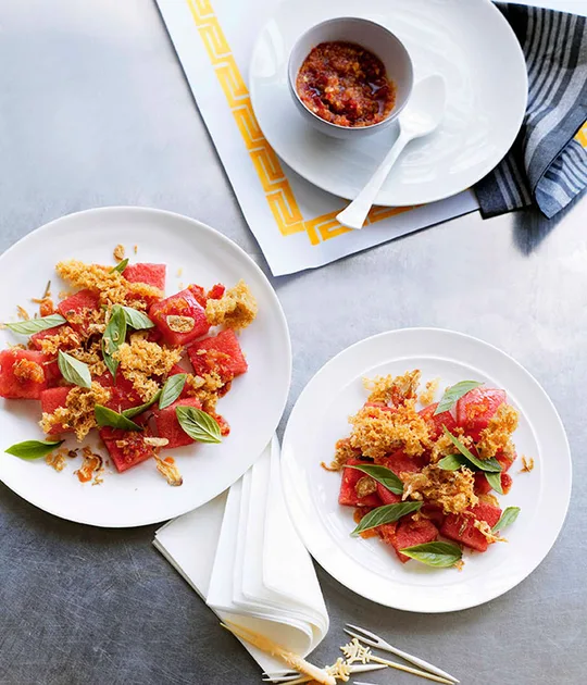 Watermelon with crisp fish recipe | Gourmet Traveller