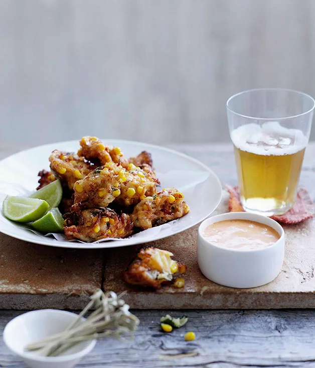 Crab, corn and mint fritters with lemon-paprika mayonnaise