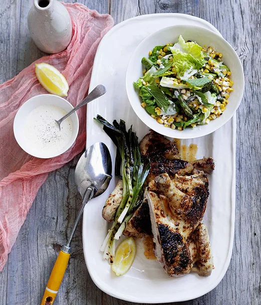 Char-grilled chicken with corn salad and buttermilk dressing