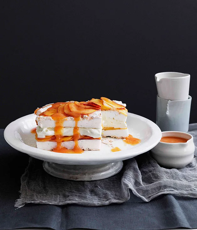 Peaches and cream meringue cake