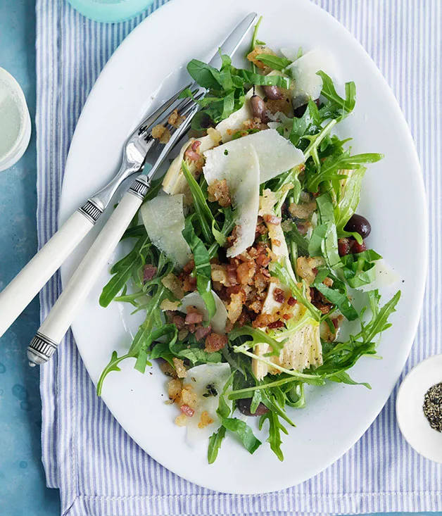 Rocket, parmesan and olive salad with pancetta crumbs