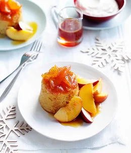 Peach and orange puddings with orange-blossom syrup