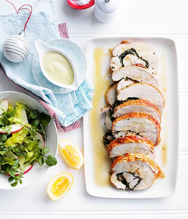 Roast herbed turkey roll with Meyer lemon mayonnaise