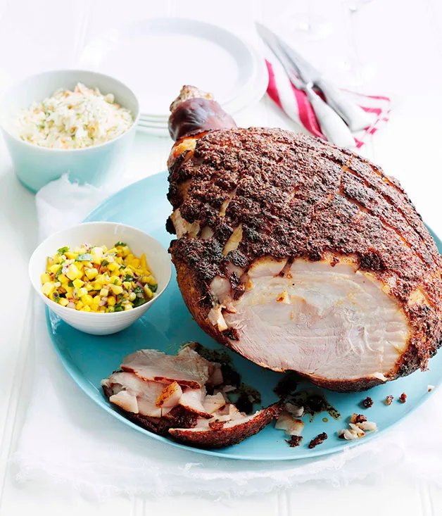 Spice-crusted ham with mango salsa