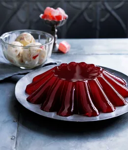 Strawberry, watermelon and rose jelly with Turkish delight ice-cream