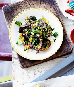 Grilled red onion salad with hazelnut aillade