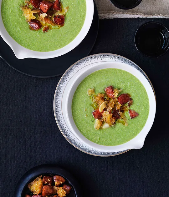 Pea and sherry soup with chorizo oil and croûtons | Gourmet Traveller