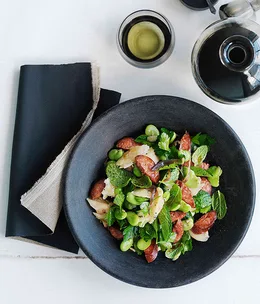 Chorizo, salt cod and broad bean salad