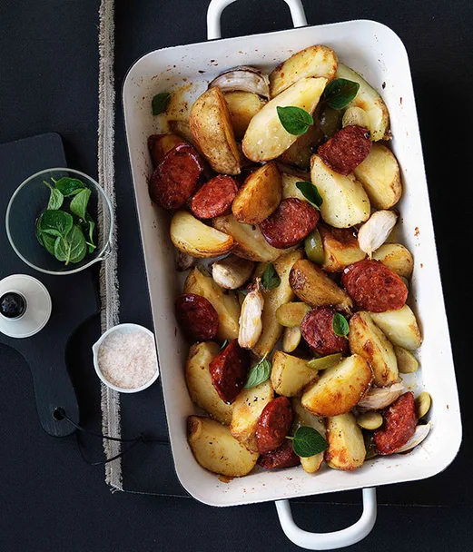 Roast potato, chorizo and olives
