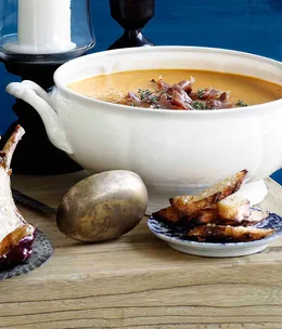 Roast pumpkin soup with pancetta and parmesan