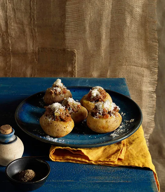 Potatoes stuffed with braised lamb | Gourmet Traveller